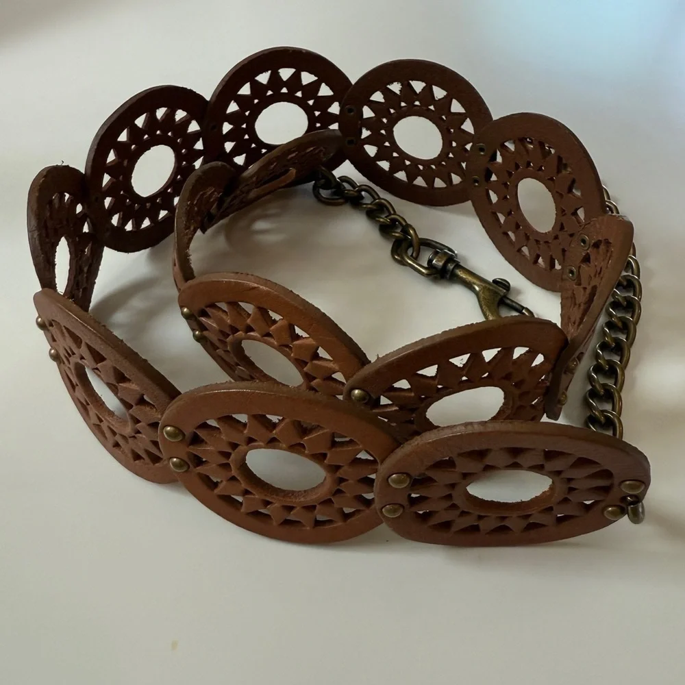 Boho Western Wide Hip Belt Faux Leather Cutout Studded Belt Cognac Cowgirl